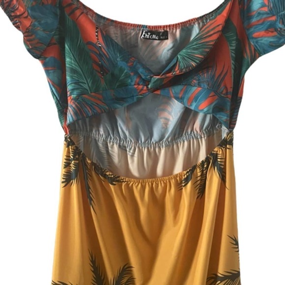 Ladies Tropical Print Hollow-out Design Off Shoulder V Neck Boho Maxi Dress - Picture 6 of 13